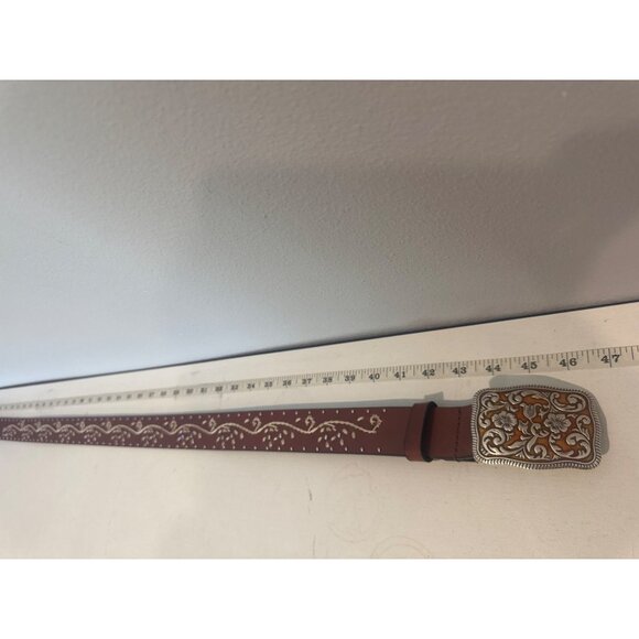 Womens Belt Brown Top-Grain Leather Embroidered Amber Floral Enamel Buckle Boho - Picture 5 of 8